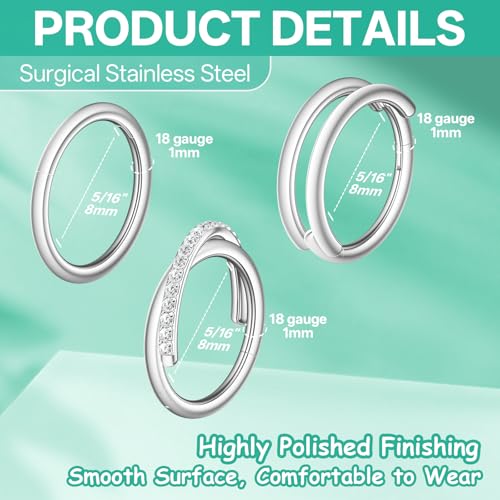 davka Nose Ring Set, 18G Hinged Hoop 8mm & 20G Nose Studs, Stainless Steel & Gold Plated, Hypoallergenic, Multiple Styles Nose Piercing Jewelry - color: Silver/3Pcs Hoops/18gauge 8mm/Set D