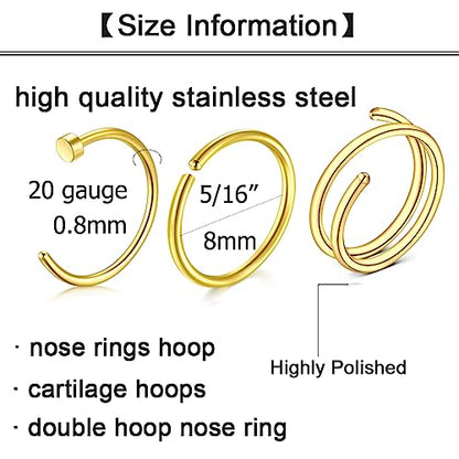 Longita 20g Nose Rings Hoop L Shape Nose Studs Stainless Steel Nose Screw Bone Flat Top Diamond Opal Heart High Nostril Piercing Jewelry Silver Rose Gold Black Pack for Women Men - color: 52-20g-gold