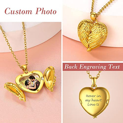 FindChic Locket Necklace for Women Custom Photo Memorial Gifts 4 Colors | Silver/Black/Rose Gold/Gold Plated Personalized for Loved Ones, Birthday Valentine's Day Keepsake - style: 02. Angel Wing 2-Gold