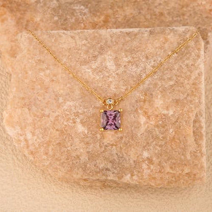 18K Gold-Plated Non Tarnish Birthstone Necklace for Women, 5A Princess Cut Cubic Zirconia Pendant, Birthday Anniversary Valentine's Gift, 18-20 Inches - color: 2-Feb-Light Purple