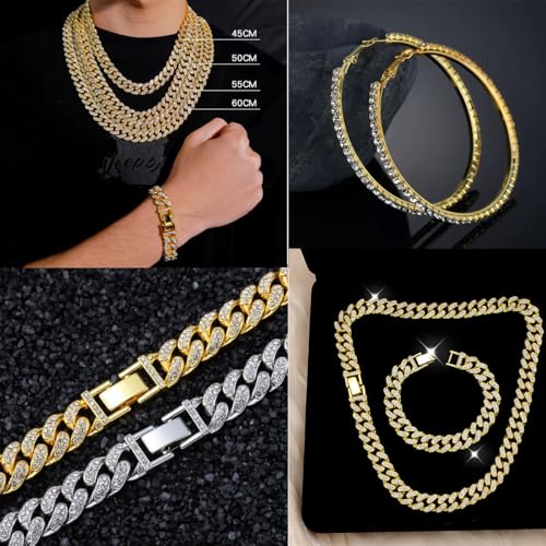 8 PcsCuban Link Chain jewelry sets for Woman with Rhinestone Necklace Bracelet Earrings Bling Diamond chunky Chain Jewelry - color: Golden A, size: 20inch
