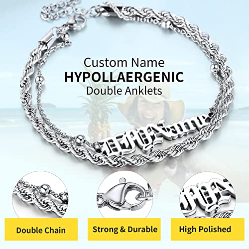 ChainsHouse Double Layer Anklet Bracelet for Women,Adjustable Chain Anklets Stackable Dainty Anklets,Stainless Steel/Gold Plated/Black Ankle Jewelry Gifts - color: A-Silver-Rope Chain