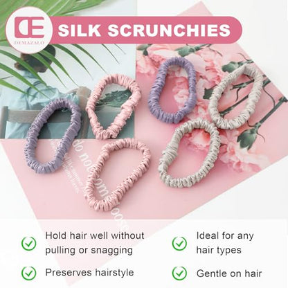 6Pcs Silk Hair Ties 100% Pure Mulberry Silk Scrunchies for Women Girls | No Hair Crease, Anti Frizz, Gentle Hold, No Damage, Color 08 - color: Purple&Pink&Beige