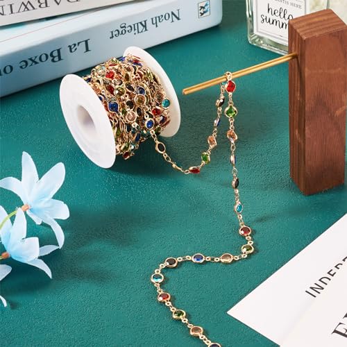 PH PandaHall Pandahall 16.4 Feet Rhinestone Jewelry Chains Colorful Glass Crystal Chains Gold Plated Brass Chains Handmade Flat Round Link Chains for Bracelet Necklace Jewelry Making