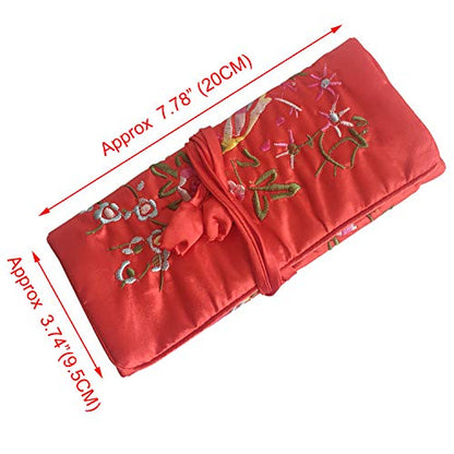 Travel Jewelry Roll Bag - Embroidered Brocade Pouch for Rings, Necklaces, Earrings, Bracelets | Lightweight & Tie Closure (Red) - color: Red
