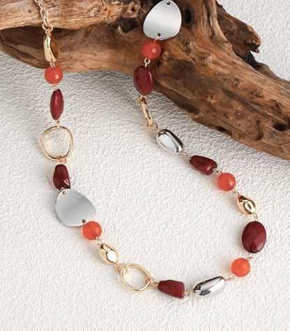 Long Gold Boho Necklaces for Women Beaded Statement Chain Long Necklace Gold Costume Jewelry Birthday Gifts for Her - color: 93-Dark Red