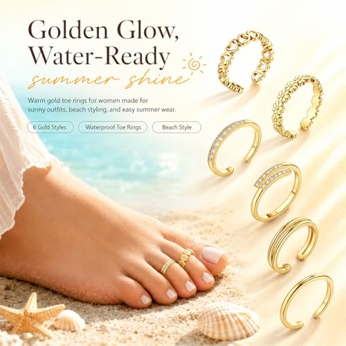 QWALIT Toe Rings for Women Gold Toe Ring Gold Ankets for Women Silver Toe Ring Stainless Steel Waterproof Trendy Anklet no Tarnish - color: 13-6pcs-gold
