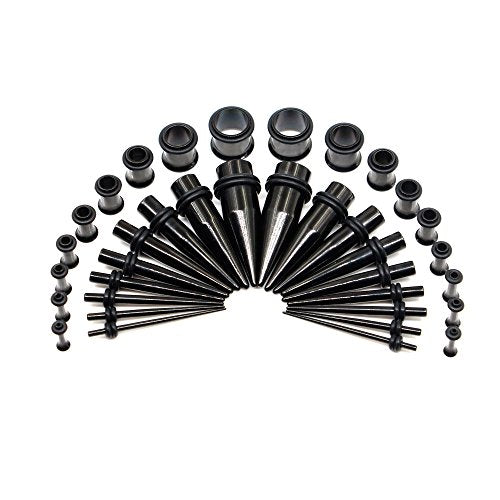 36 Pieces Ear Gauges Stretching Kit Taper Stainless Steel Single Flare Tunnel Plugs Eyelet 14G-00G and 36 pcs O-Ring Extra Set - style: Black 36 pieces