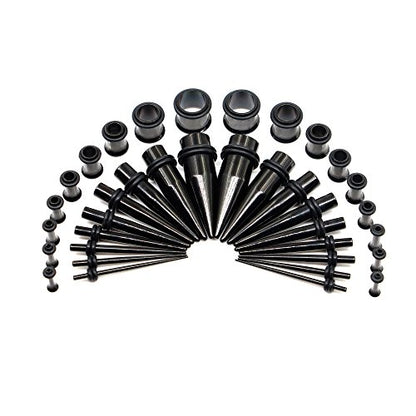 36 Pieces Ear Gauges Stretching Kit Taper Stainless Steel Single Flare Tunnel Plugs Eyelet 14G-00G and 36 pcs O-Ring Extra Set - style: Black 36 pieces