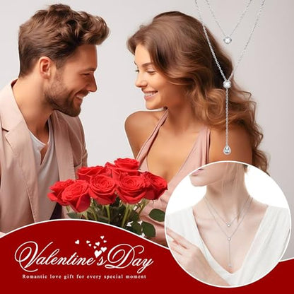 FLYOW Layered Necklace S925 Sterling Silver Y Shaped Jewelry - style: Two Round CZ Style