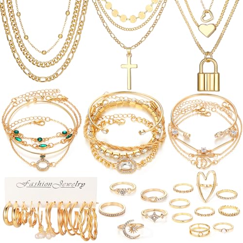 57 Pcs Gold Jewelry Set for Women,12 Pair Hoop Earrings，18 Pair Round Stud Earrings,21 Pcs Stackable Knuckle Rings,6 Pcs MultiLayer Pendant Necklaces，Fashion Accessories for women Gifts - style: Style 2