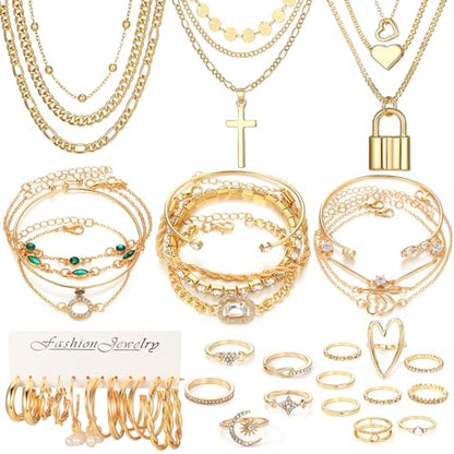 57 Pcs Gold Jewelry Set for Women,12 Pair Hoop Earrings，18 Pair Round Stud Earrings,21 Pcs Stackable Knuckle Rings,6 Pcs MultiLayer Pendant Necklaces，Fashion Accessories for women Gifts - style: Style 2