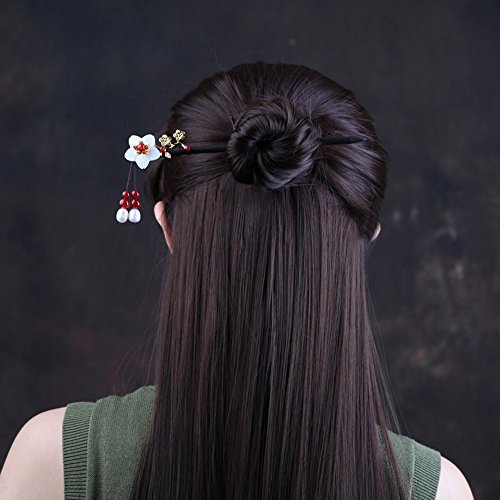 Chinese Classical Hairpin Pearl Shell Flower Headdress Hair Chopsticks for Women Wooden 7.08" Hair Sticks for Buns with gift Box(1pack) - color: C