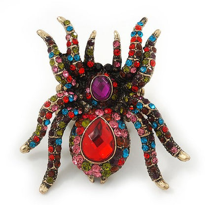 Avalaya Oversized Multicoloured Diamante Spider Stretch Cocktail Ring In Antique Gold Plating
