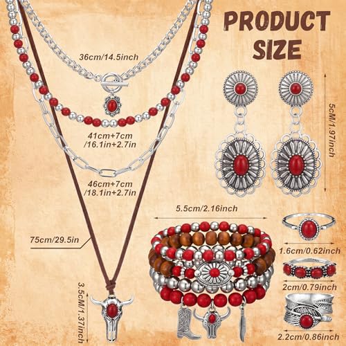 Ecally Bohemian Western Jewelry Turquoise Set Women Country Pendant Long Choker Layered Bracelets Earrings Ring for Women - color: Red, style: Layered