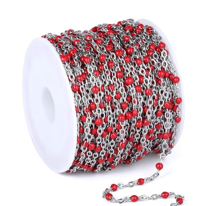33FT 2mm Stainless Steel Red Enamel Link Chain Bulk Roll for Jewelry Making | 304 Stainless Steel Enamel Beaded Cable Chains Roll Spool for Necklace Bracelet Craft - color: Stainless Steel Red Beads