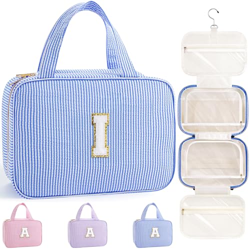 TOPEAST Travel Toiletry Bag for Women - Hanging Toiletry Bag Makeup Bag, Portable Toiletries Cosmetic Bag, Airplane Travel Essentials - Letter I, Blue - color: Blue, style: I