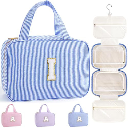 TOPEAST Travel Toiletry Bag for Women - Hanging Toiletry Bag Makeup Bag, Portable Toiletries Cosmetic Bag, Airplane Travel Essentials - Letter I, Blue - color: Blue, style: I