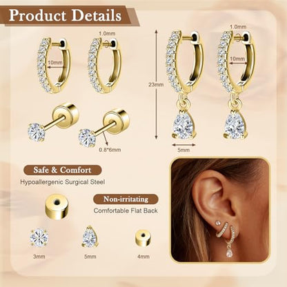 14K Gold Hoop Dangle Stud Earrings Surgical Steel Helix Piercing | Hypoallergenic,Cubic Zirconia,3 Pairs Huggie Hoop Set for Women,Dangle Stud,Cartilage Tragus Conch Earring,Jewelry Gift - color: A6-Gold Teardrop CZ