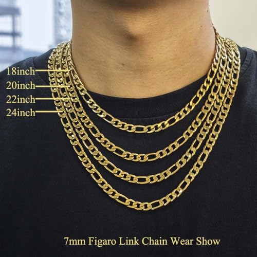 Stainless Steel Figaro Link Chain Necklace For Men Women, 3mm 4mm 5mm 7mm Width, 18k Gold Plated 18 20 22 24 Inch Figaro Chain, No Tarnish Durable Waterproof Jewelry - color: 7MM Gold, size: 18inches