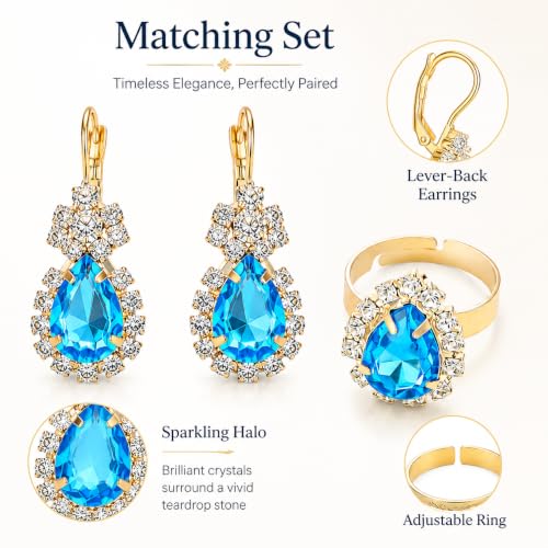 Blue Crystal Jewelry Set for Women, Teardrop Pendant Necklace Earrings Ring Set with Rhinestones, Gold Tone Bridal Jewelry Gift for Party Wedding