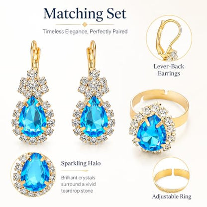 Blue Crystal Jewelry Set for Women, Teardrop Pendant Necklace Earrings Ring Set with Rhinestones, Gold Tone Bridal Jewelry Gift for Party Wedding