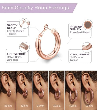wowshow Gold Hoop Earrings for Women Chunky Hoops 14K Gold Plated Thick Hollow Tube Lightweight Earrings for Mother Birthday Gifts 20/25/30/40/50MM - color: Rose Gold-40MM