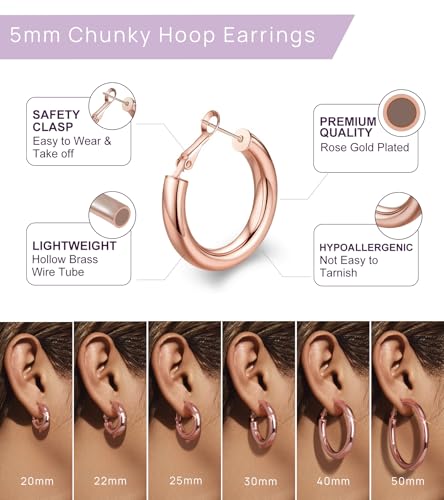 wowshow Gold Hoop Earrings for Women Chunky Hoops 14K Gold Plated Thick Hollow Tube Lightweight Earrings for Mother Birthday Gifts 20/25/30/40/50MM - color: Rose Gold-25MM