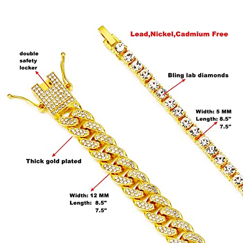 HH BLING EMPIRE 14K Gold and Silver Bracelets Diamond Tennis and Cuban Link Bracelet for Men Women Hip Hop Jewelry - color: Set A-Gold, size: 7.5"