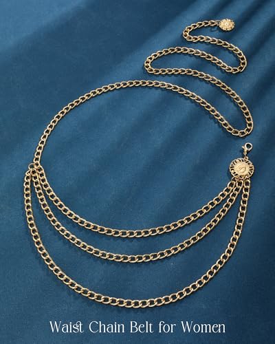 Chain Belt for Women Fashion Multilayer Metal Waist Chain Dress Belt Adjustable - size: Fit Waist Up to 46'', style: Gold