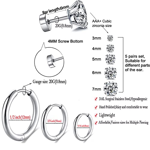 Surgical Stainless Steel Stud Earrings Hoop Earrings for Women Men 14K Gold Plated Hypoallergenic Cartilage Earrings Flat Back CZ Earrings Set Dainty Multiple Piercing Pack of 8 Pairs - color: Flat back (Silver)