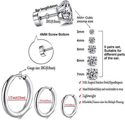 Surgical Stainless Steel Stud Earrings Hoop Earrings for Women Men 14K Gold Plated Hypoallergenic Cartilage Earrings Flat Back CZ Earrings Set Dainty Multiple Piercing Pack of 8 Pairs - color: Flat back (Silver)