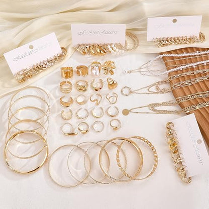 83 Pcs Gold Jewelry Set for Women Fashion Multi Layered Necklaces Stackable Bangle Bracelets Knuckle Rings Hoop Earrings Gold Plated Jewelry Accessories