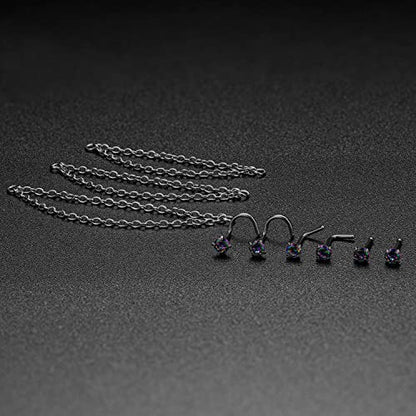 Nose Ring Chain Across Nose Black Stainless Steel Nostril Nose Piercing Chain with Cubic Zirconia Nose Screw Bone L-Shaped Ring for Women Body Piercing Nostril Jewelry with Bridge Chain - color: Silver-Double Nose Chain Studs