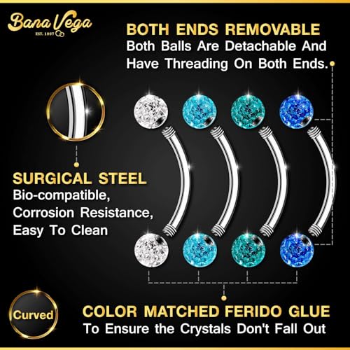 Surgical Steel Curved Barbell Ring 16g 5/16 8mm 3mm Ferido Ball Helix Earring Eyebrow Piercing Jewelry Choose Colors and Size - color: H-8pcs-Blue-16g-3/8"(10mm)-3mmBall