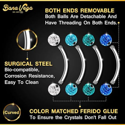 Surgical Steel Curved Barbell Ring 16g 5/16 8mm 3mm Ferido Ball Helix Earring Eyebrow Piercing Jewelry Choose Colors and Size - color: H-8pcs-Blue-16g-3/8"(10mm)-3mmBall