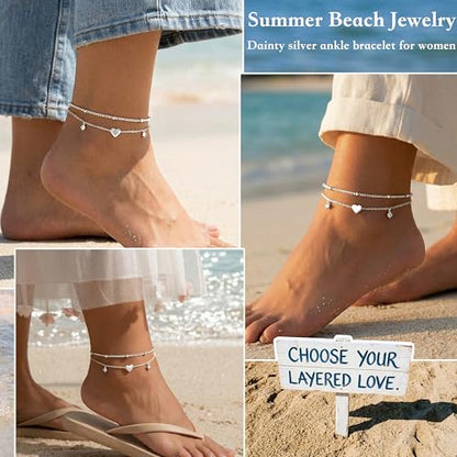 Gold/Sterling Silver Anklet Bracelets for Women Waterproof, Non Tarnish 925 Sterling Sliver Plated Heart Evileye Butterfly Charm, Dainty Summer Beach Anklets for Women, Beach Vacation Bikini Outfits for Her Mom - style: Heart-Silver
