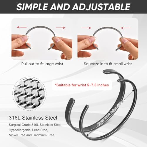 Stainless Steel Mens Cuff Bracelet : Minimal Cool Silver/Black/Gold Plated Open Metal Cuff Bangle Bracelets for Men,Mens Bracelet Jewelry Gift - color: Antique Grey-2-Pack, size: Medium( fit 5.5"-7.2" wrist)