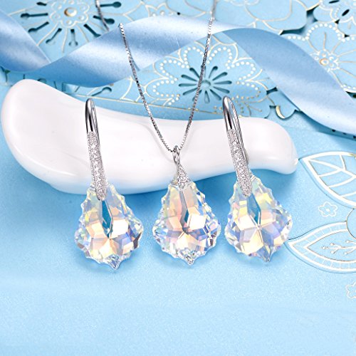EleQueen 925 Sterling Silver CZ Baroque Drop Pendant Necklace Dangle Earrings Set Made with Austrian Crystal, Valentine's Day/Mother's Day/Christmas Jewelry Gift - color: Iridescent Aurora Borealis