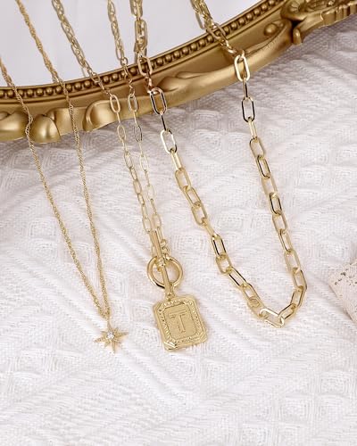 MJartoria Layered Initial Necklaces for Women | 14K Gold Plated Brass, Star Choker, Square Letter Pendant, Paperclip Chain - color: Gold, style: T
