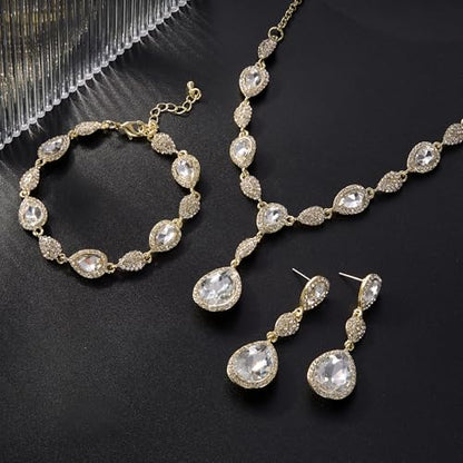 EleQueen Women's Wedding Bridal Jewelry Sets for Brides Bridesmaids, Cubic Zirconia Teardrop Necklace Tennis Bracelet Dangle Earrings Jewellery Set - color: 05-Clear Gold-Tone