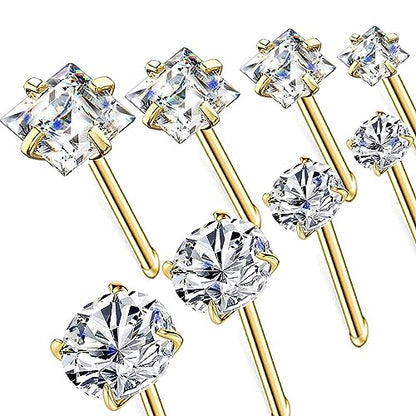 14k Gold Plated 316L Surgical Steel 22g/20g/18g Nose Rings Studs L-Shape Bone Screw Nostril Piercing 1.5mm 2mm 2.5mm 3mm 3.5mm 4.5mm CZ Nose Studs for Women - color: 18g 8pcs Bone Gold 316L Surgical Steel