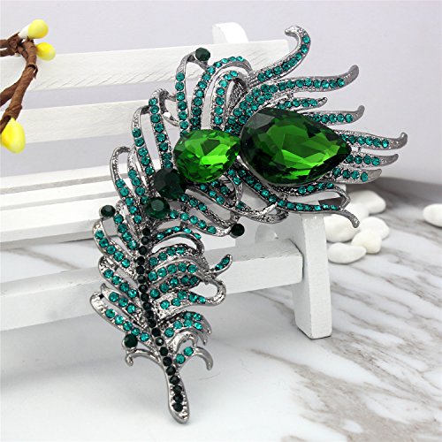 SELOVO 4.2in Big Large Statement Scarf Hats Decoration Green Feather Pin Brooch Black Tone