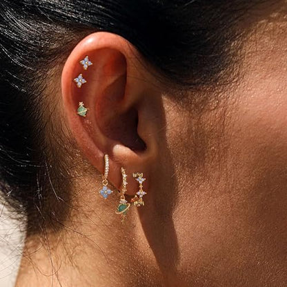 Sterling Silver Earrings Stacks for Women, Hypoallergenic Cartilage Earring | Dainty Stud Huggie Hoop Dangle Chain Earrings, 14K Gold/White Gold Plated - color: 6Pcs Gold Flower(Single Earring Not a Pair)