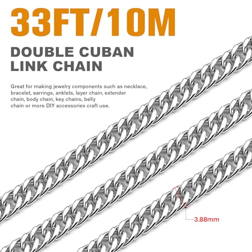 33FT Stainless Steel Cuban Chain 3.8mm Double Link Chain for Jewelry Making | Diamond-Cut Silver Curb Chain Roll Bulk for Necklace Bracelet Crafts - color: 3.88mm curb chain