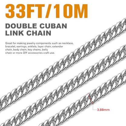 33FT Stainless Steel Cuban Chain 3.8mm Double Link Chain for Jewelry Making | Diamond-Cut Silver Curb Chain Roll Bulk for Necklace Bracelet Crafts - color: 3.88mm curb chain