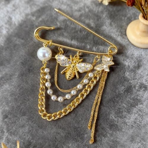 Gold Dainty Bee Chain Layered Tassel Brooch Pin for Women,Baroque Trendy Faux Pearl Beaded Statement Lapel Pin Fashion Delicate Jewelry Accessories
