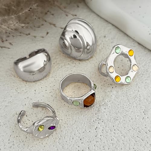5Pcs Chunky Gold Rings for Women,Stackable Large Dome Knuckle Rings,Thick Gold Crystal Finger Rings Set Trendy Jewelry - color: Silver