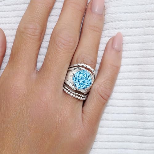 JEAN RACHEL JEWELRY 925 Sterling Silver Prong Solitaire Ring | Raised crown engagement style ring mounting a precision faceted brilliant Cubic Zirconia solitaire over stacked silver rows. - color: Aquamarine CZ