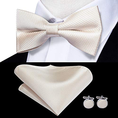 Hi-Tie 5Pcs Mens Solid Color Silk Tie Satin Pretied Bowtie Lapel Pin for Men Handkerchief Cufflink Wedding Gift Box - color: Beige Solid